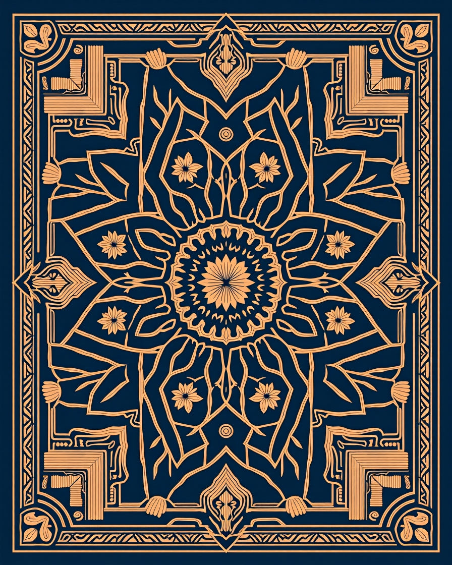 Golden Floral Medallion Navy Rug