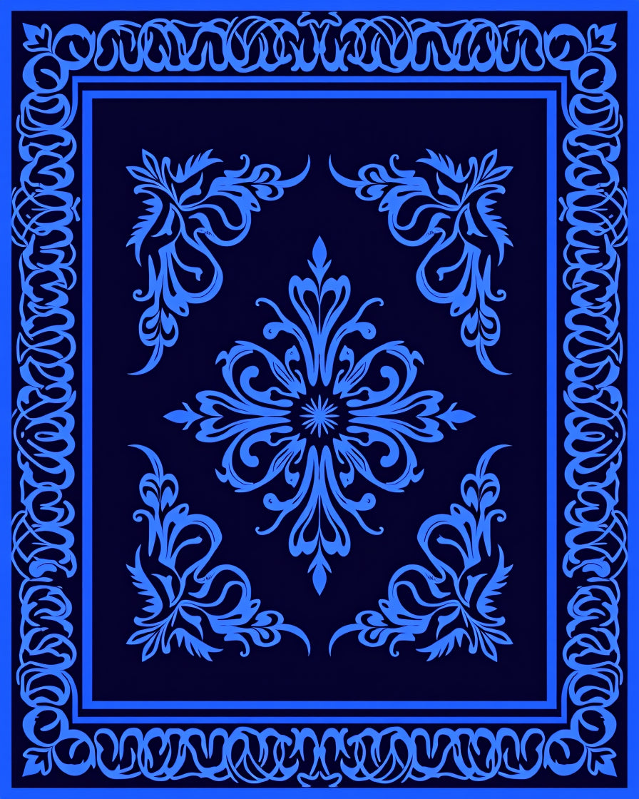 Deep Blue Abstract Floral Scroll Rug