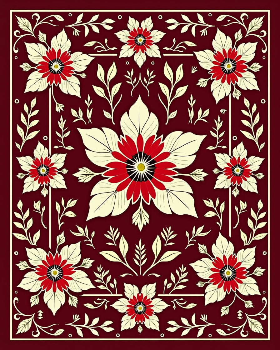 Crimson White Floral Medallion Arrangement Rug