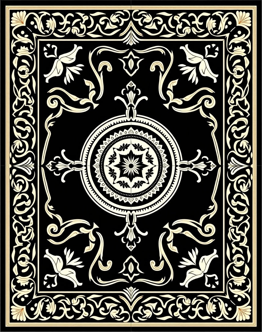 Ornate Black Beige Floral Medallion Rug