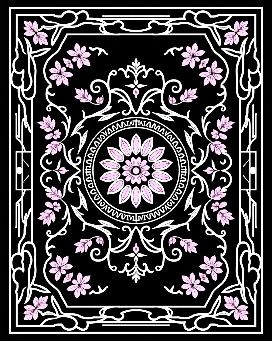 Ornate Floral Symmetry Black White Rug