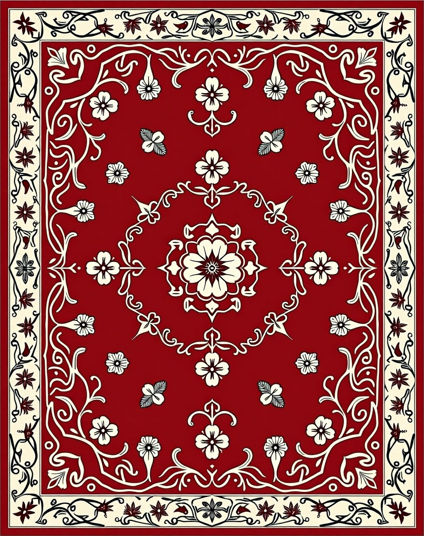Red Floral Scrollwork Detailed Motif Rug