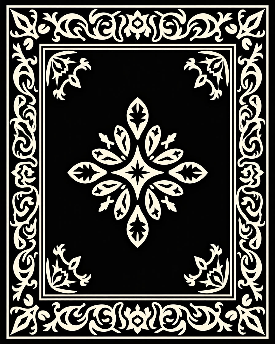 Elegant Black and Cream Scrollwork Design Rug