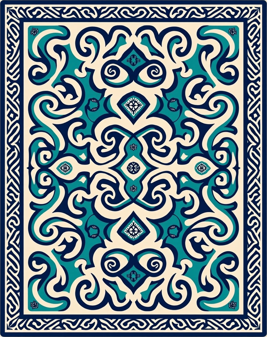 Elegant Teal Navy Scrollwork Pattern Rug