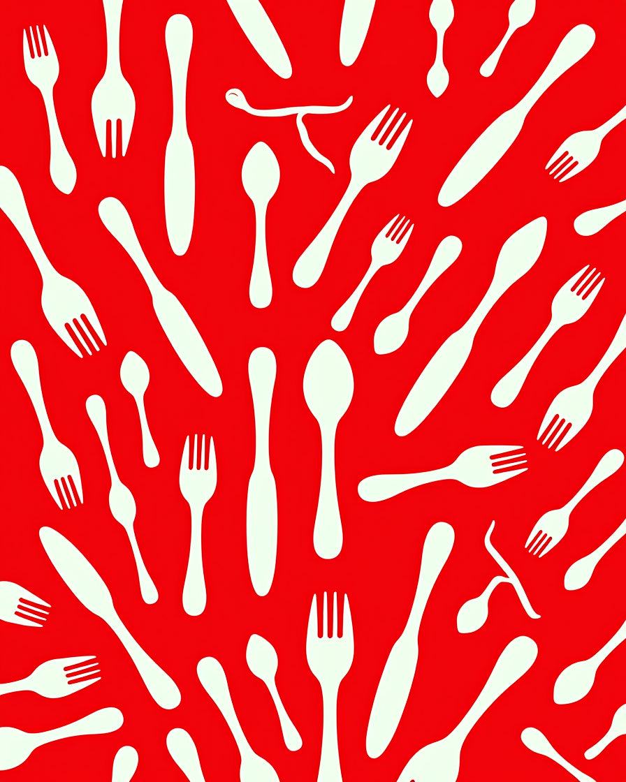 White Cutlery Scattered Red Background Rug