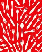 White Cutlery Scattered Red Background Rug
