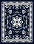 Dark Blue White Floral Medallion Design Rug