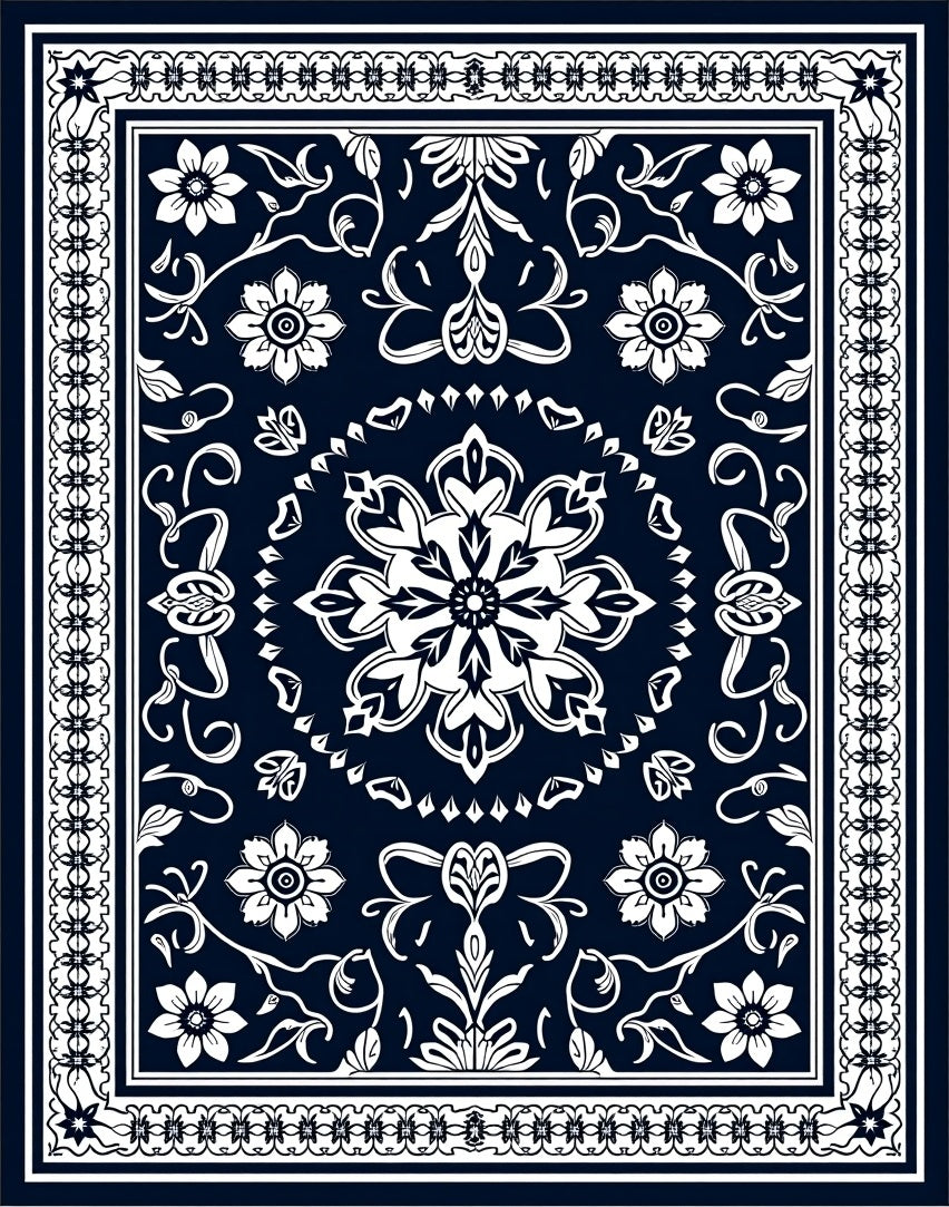Dark Blue White Floral Medallion Design Rug