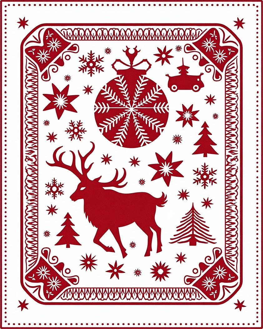 Red Christmas Deer Ornament Snowflake Trees Rug