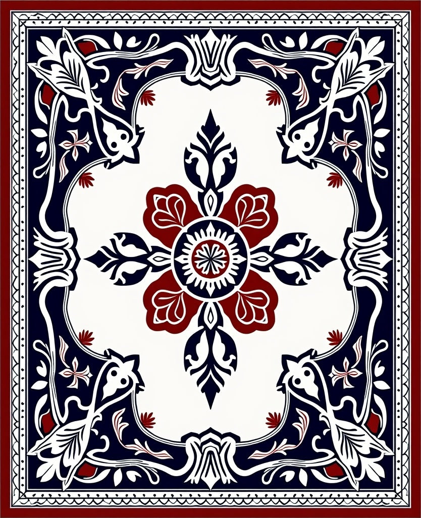 Bold Red Navy White Floral Frame Rug