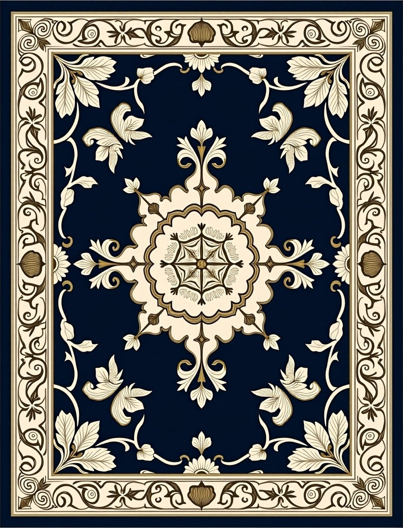 Ornate Cream and Navy Floral Rug