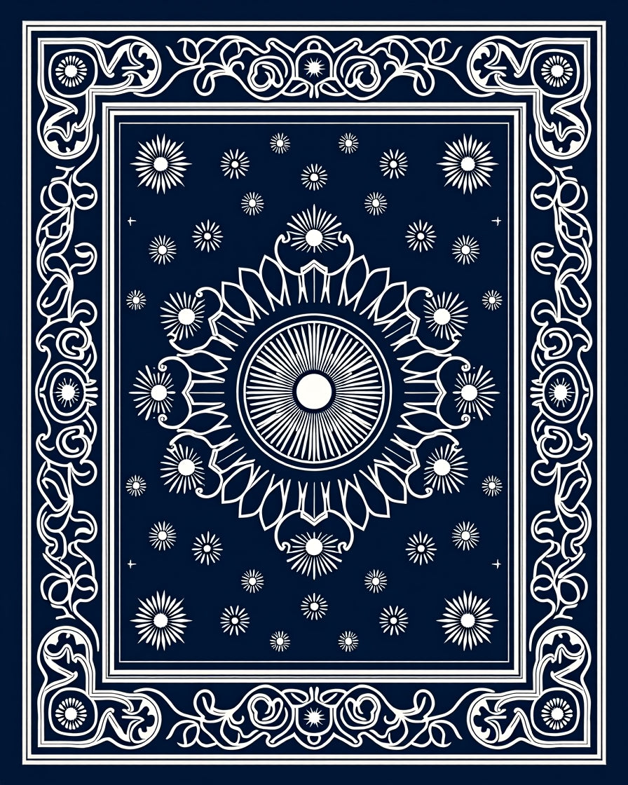 Intricate White Floral Dark Blue Rug