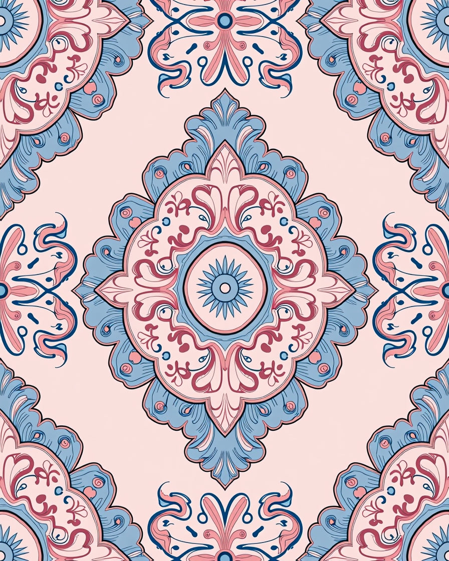 Ornate Floral Medallion Pattern with Pink Blue Rug