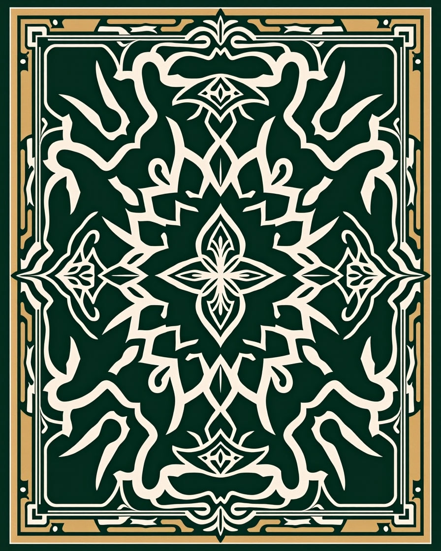 Intricate Dark Green Gold Motif Rug