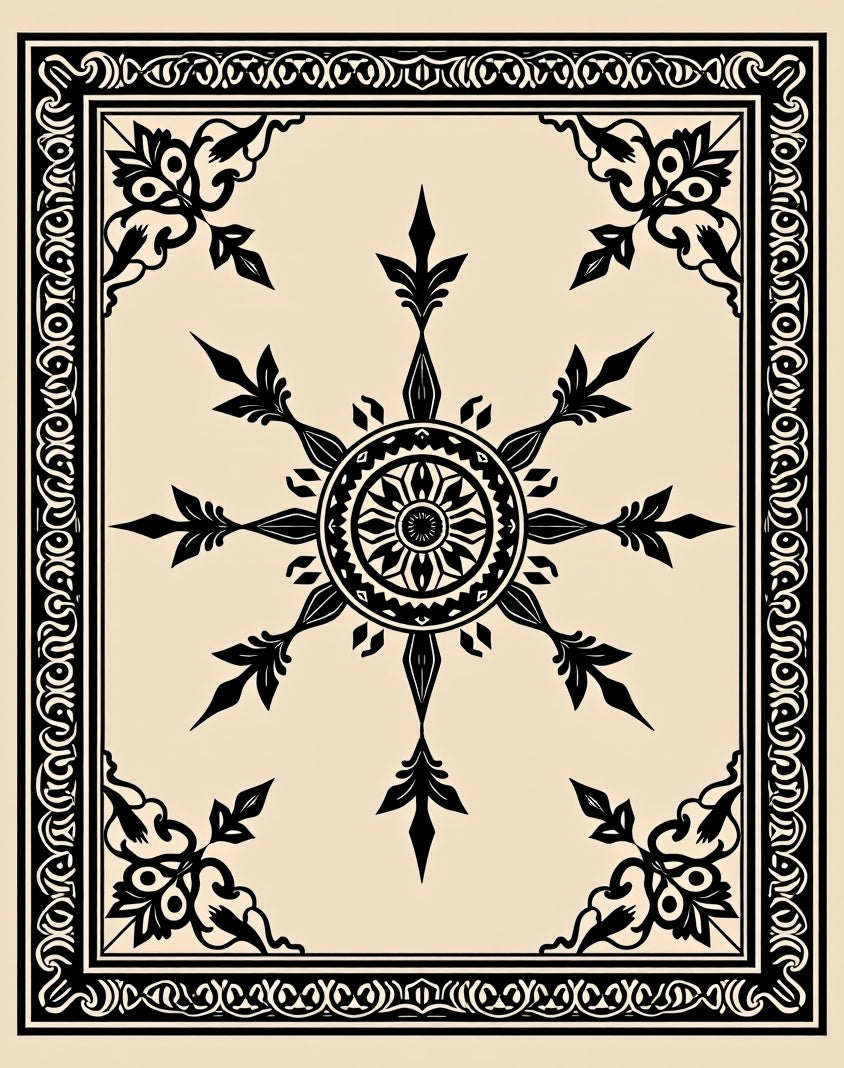 Ornate Black Floral Mandala Border Rug