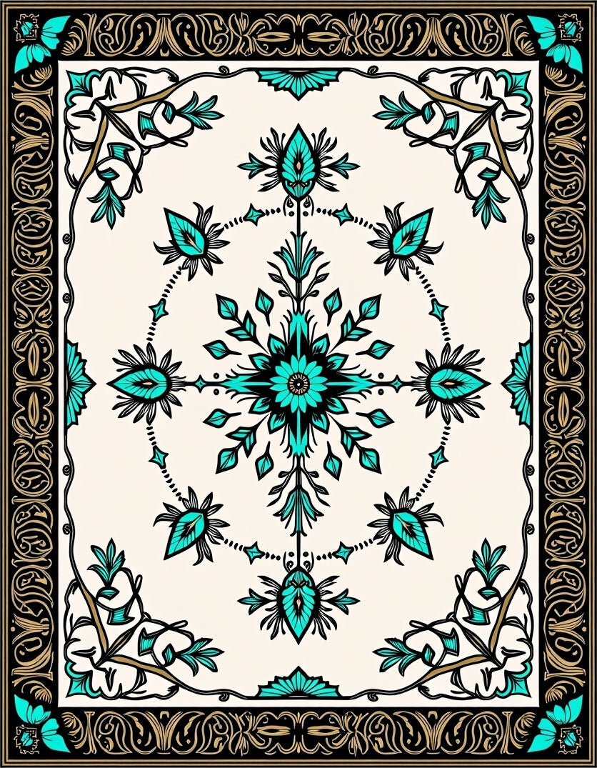 Ornate Turquoise Floral Scrollwork Rug