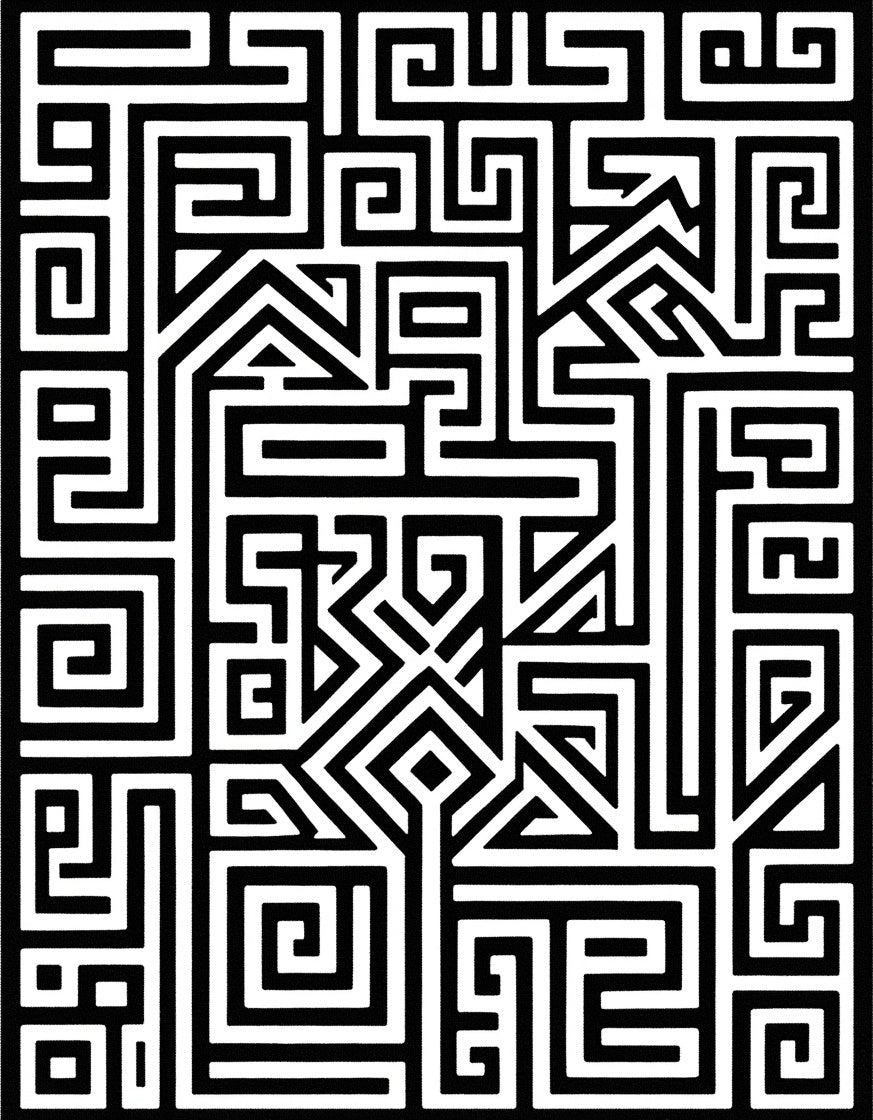 Bold Black White Abstract Maze Design Rug