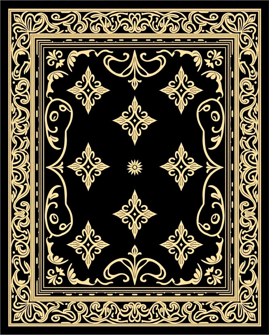 Black And Gold Intricate Floral Pattern Rug