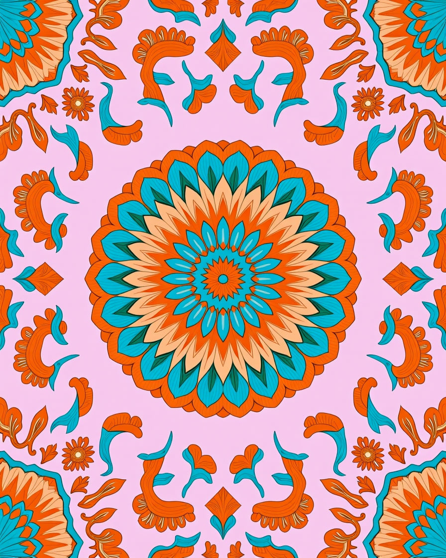 Mandala Inspired Orange Teal Pattern Rug