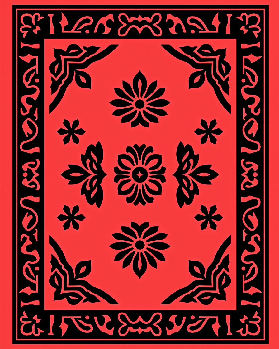 Bold Floral Patterned Red Black Rug