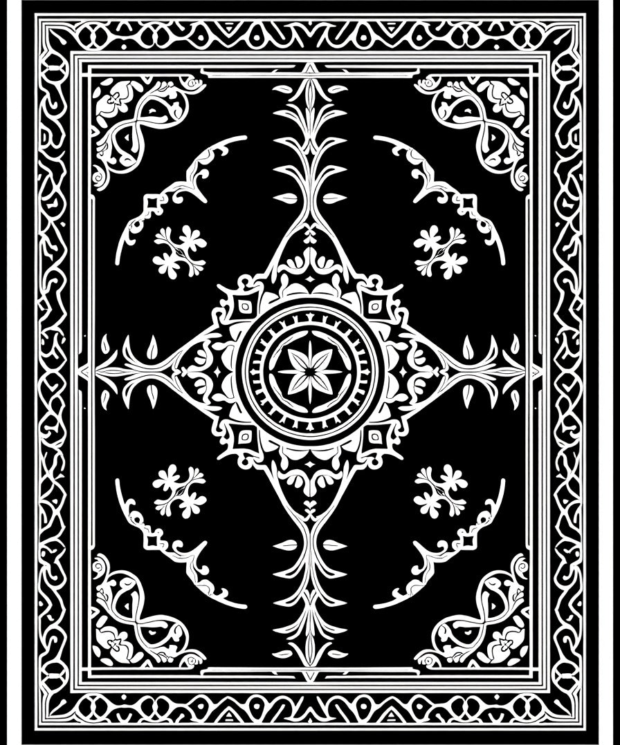 Vintage Black White Floral Pattern Rug