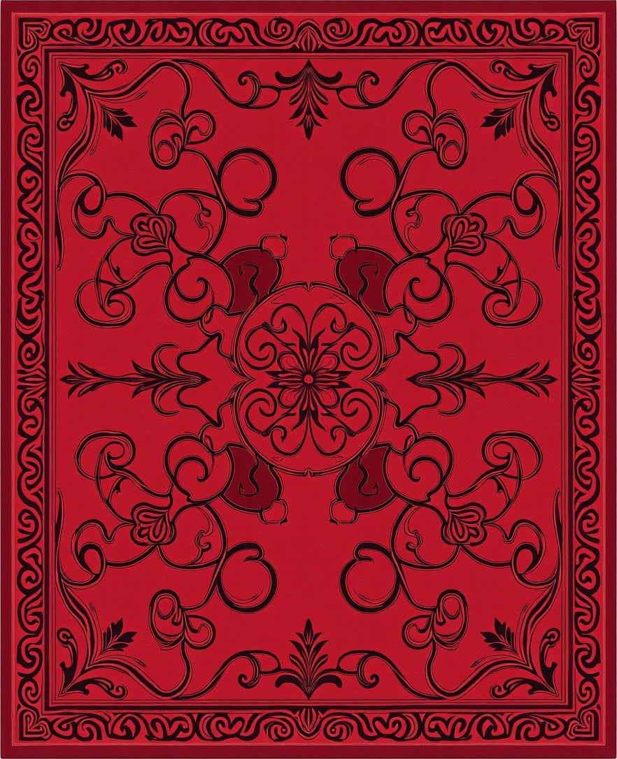 Rustic Red Floral Scroll Pattern Rug