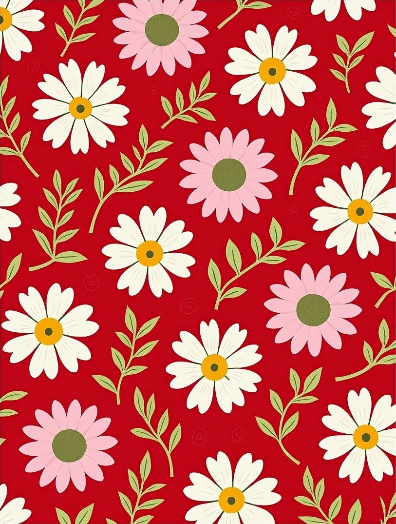 Whimsical Daisy Pattern on Red Rug