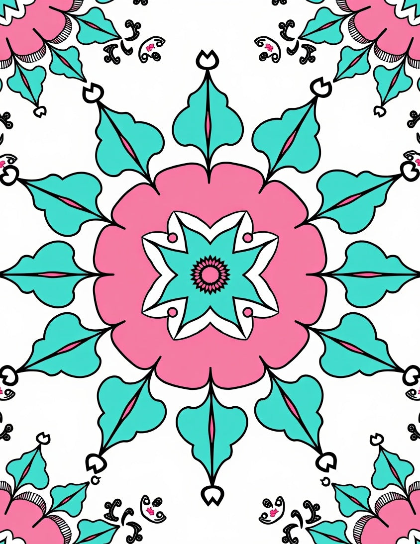 Pink Teal Starburst Mandala Design Rug