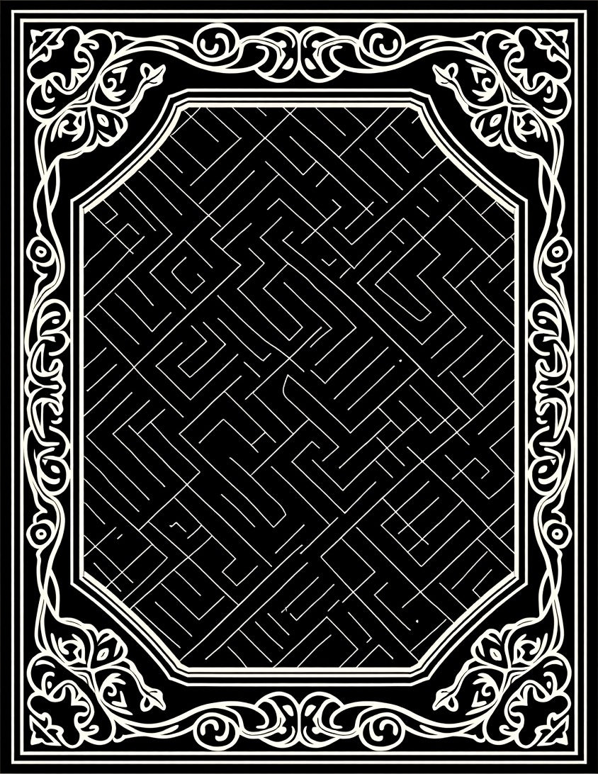 Black White Maze Patterned Border Rug