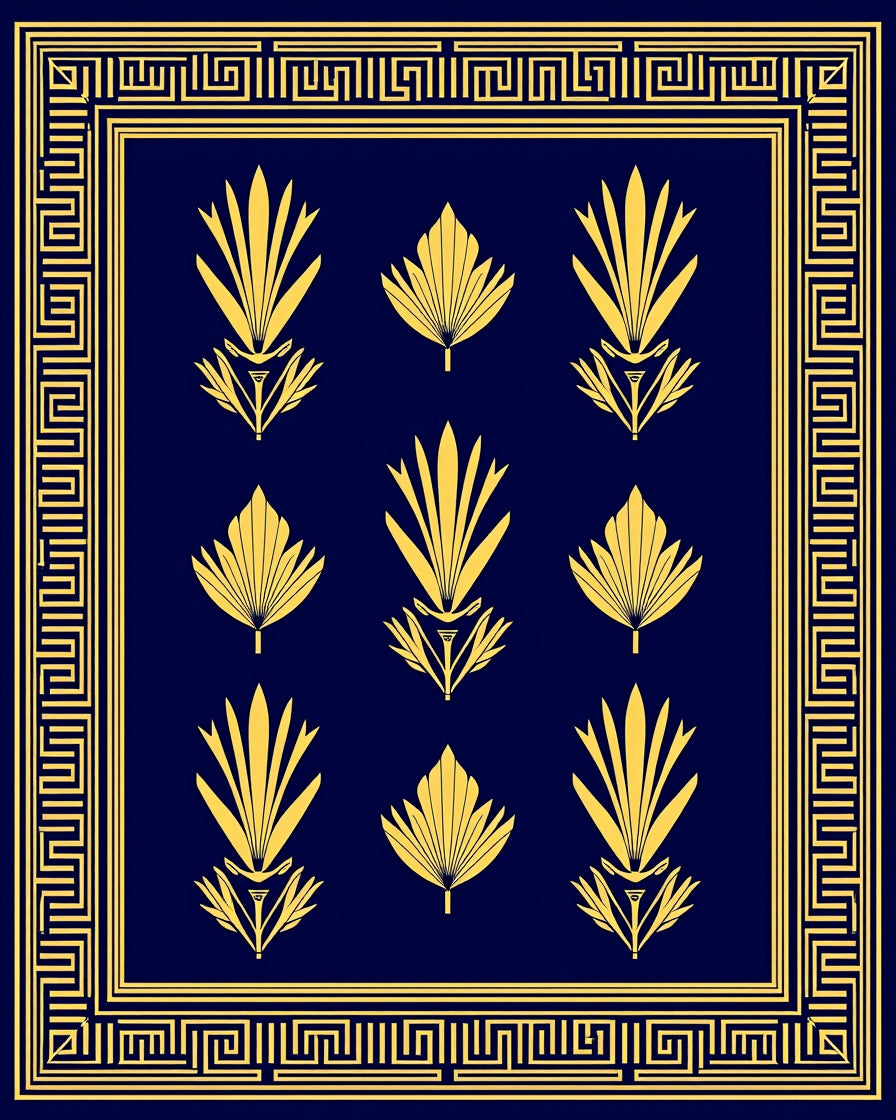 Art Deco Blue Gold Floral Border Rug