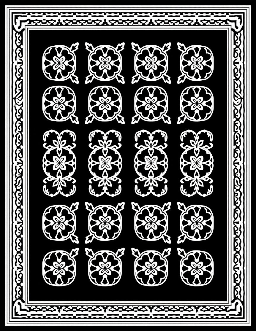 Black White Floral Motif Patterned Rug
