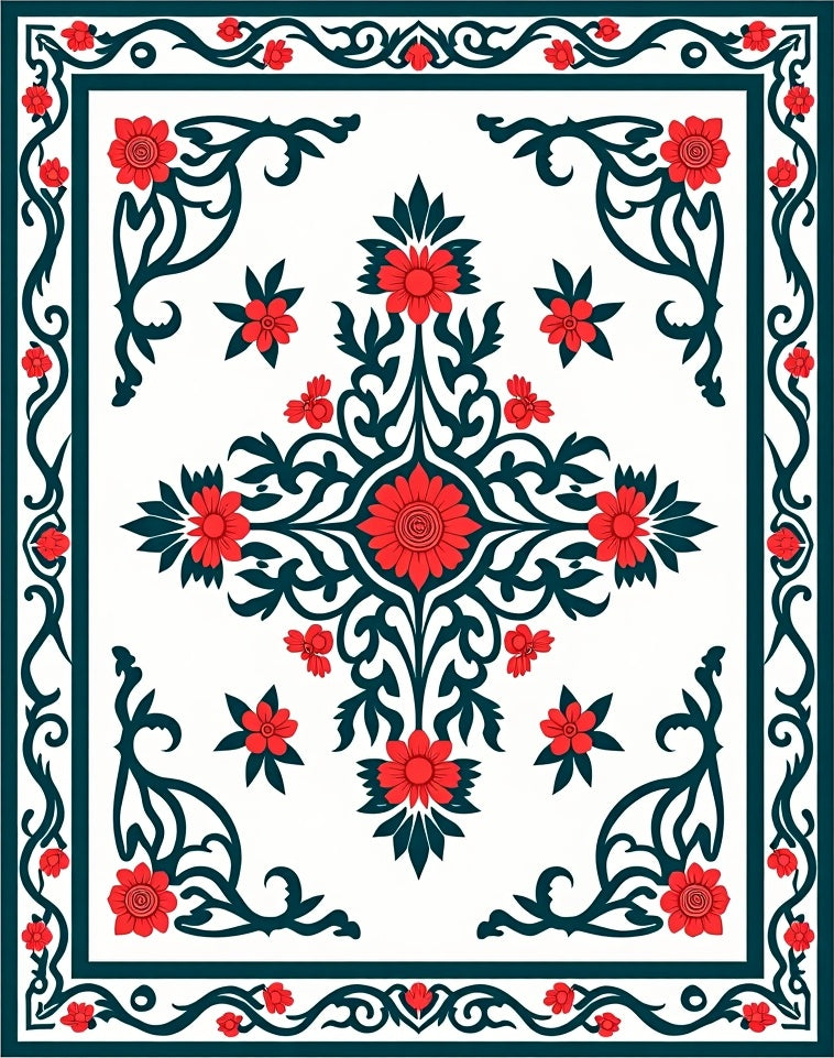 Red Floral Scrollwork Inlay Design Rug