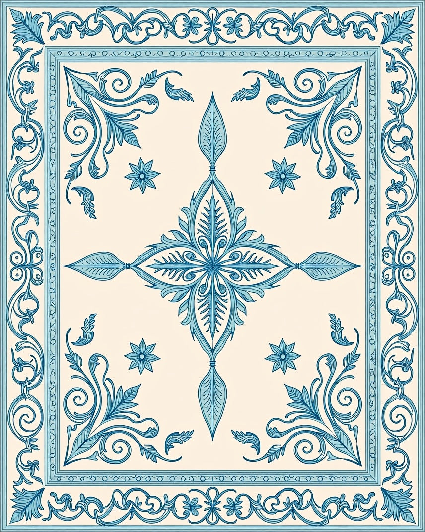 Elegant Blue Floral Symmetry Pattern Rug