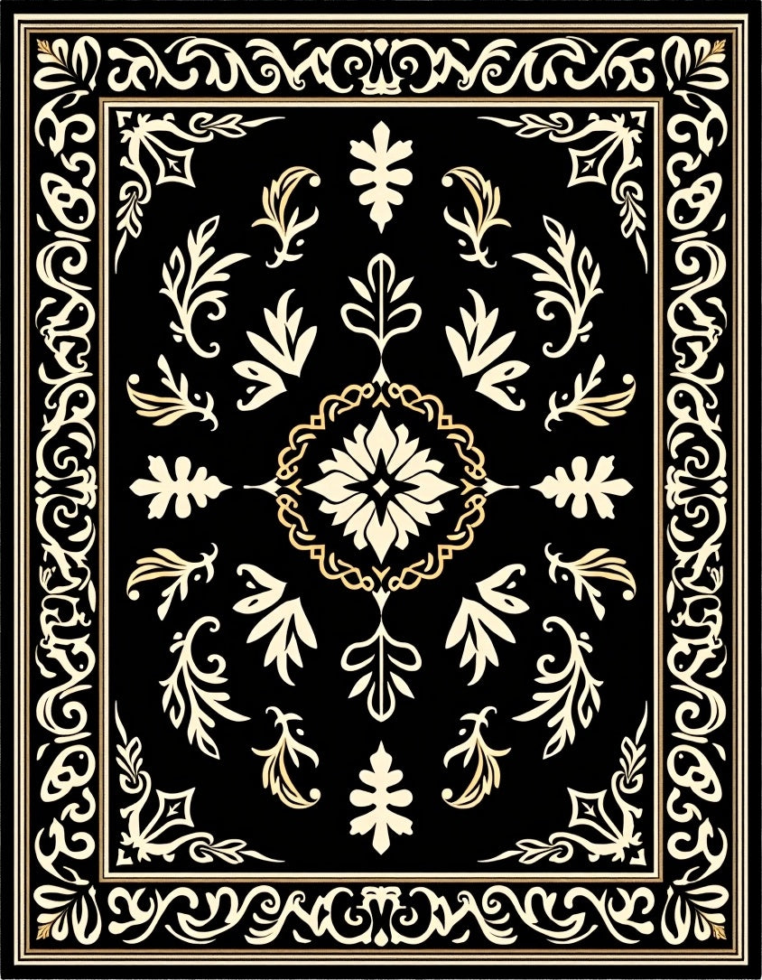 Ornate Black Cream Floral Pattern Rug