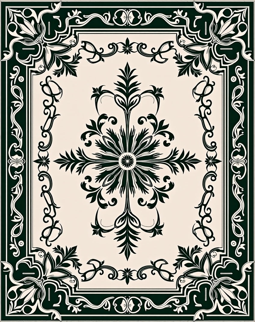 Ornate Floral Leaf Border Design Rug
