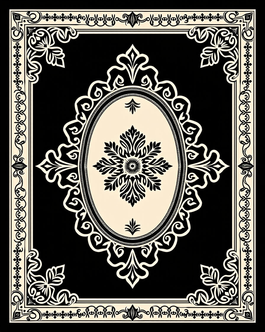 Elegant Black Cream Floral Scroll Rug