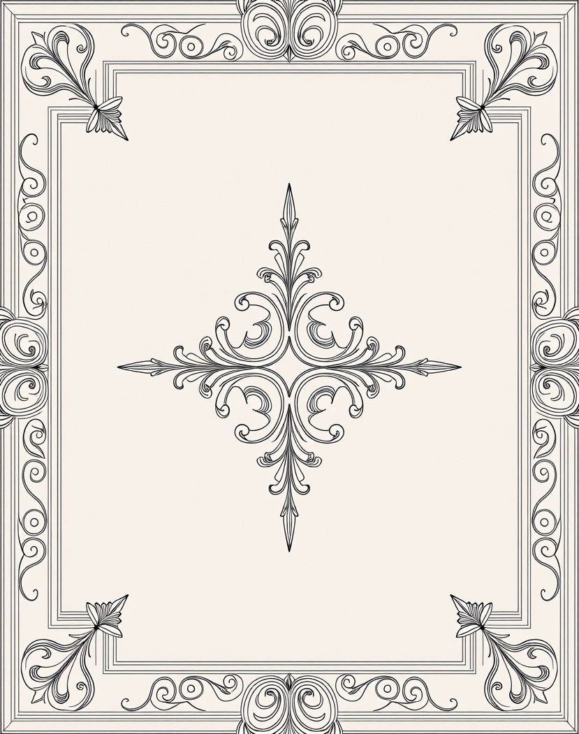 Ornate Black White Scroll Pattern Rug