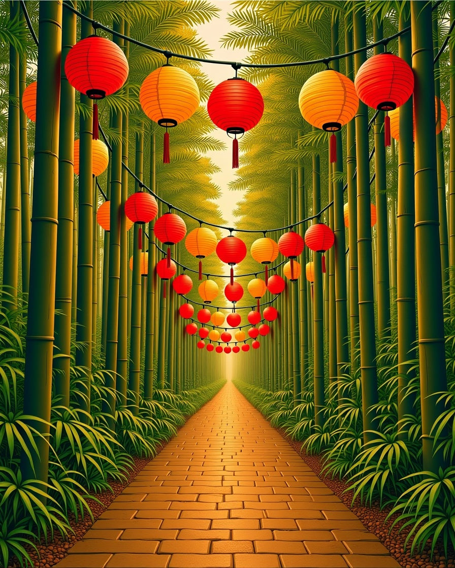 Bamboo Forest With Red Lanterns Rug