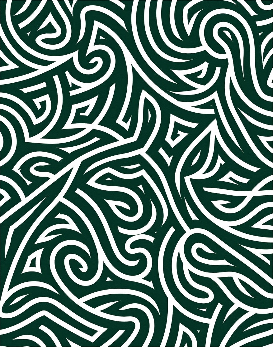 Intricate White Swirls on Dark Green Field Rug