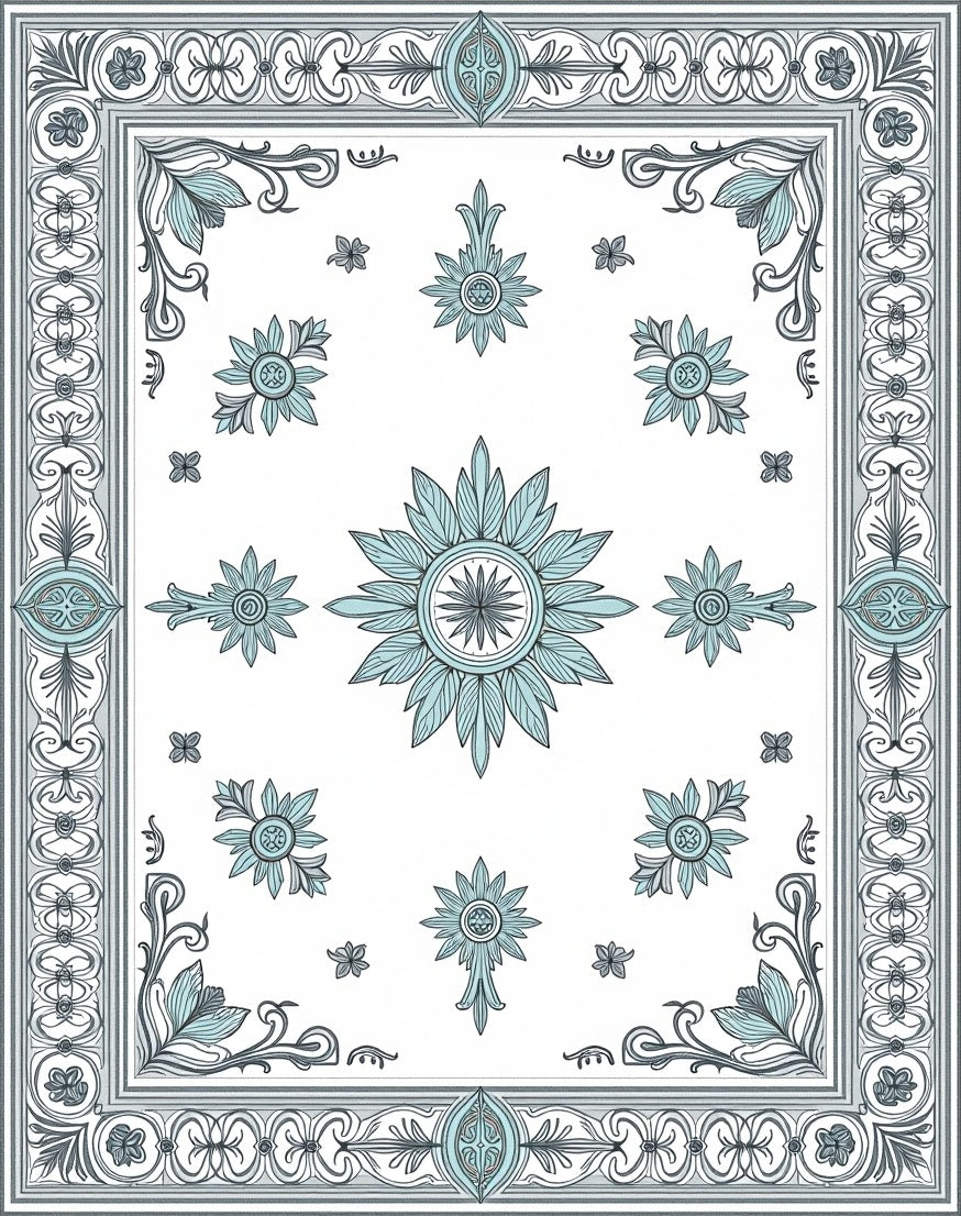 Elegant Teal Floral Medallion Border Rug