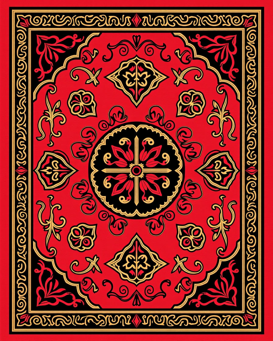 Bold Red Geometric Floral Patterned Rug