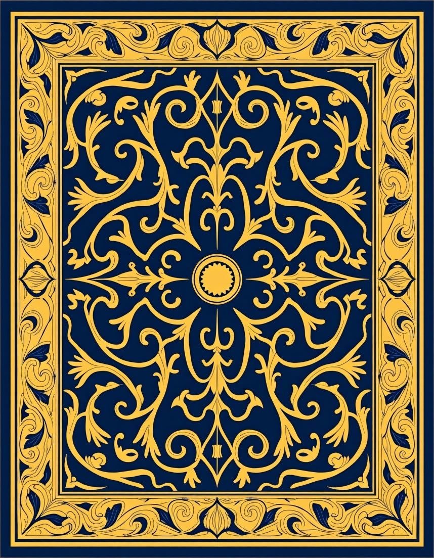 Royal Blue Gold Ornate Flourish Rug