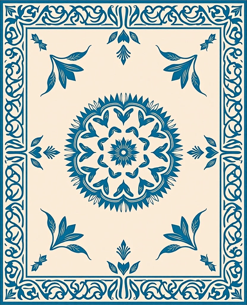 Classic Blue Floral Mandala Pattern Rug