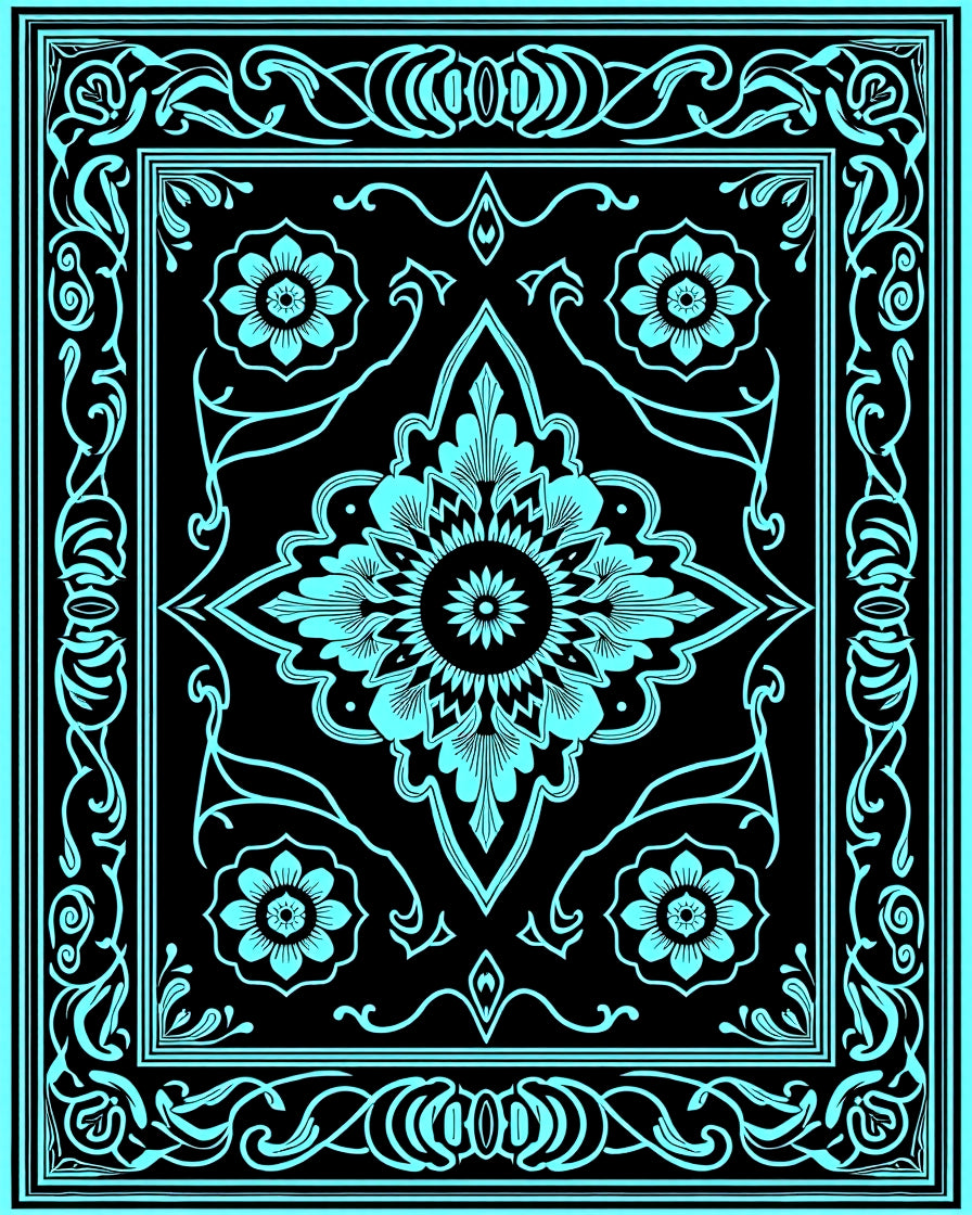 Ornate Floral Medallion Black Turquoise Rug