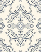 Ornate Blue And Cream Swirl Pattern Rug