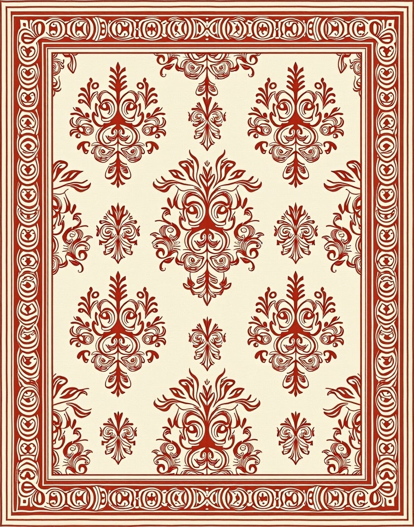 Classic Red Cream Damask Pattern Rug