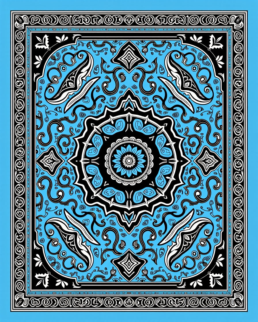 Elaborate Blue Black Floral Medallion Pattern Rug