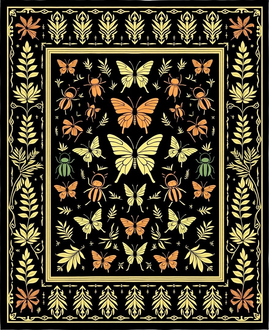 Whimsical Butterfly Insect Garden Black Orange Rug
