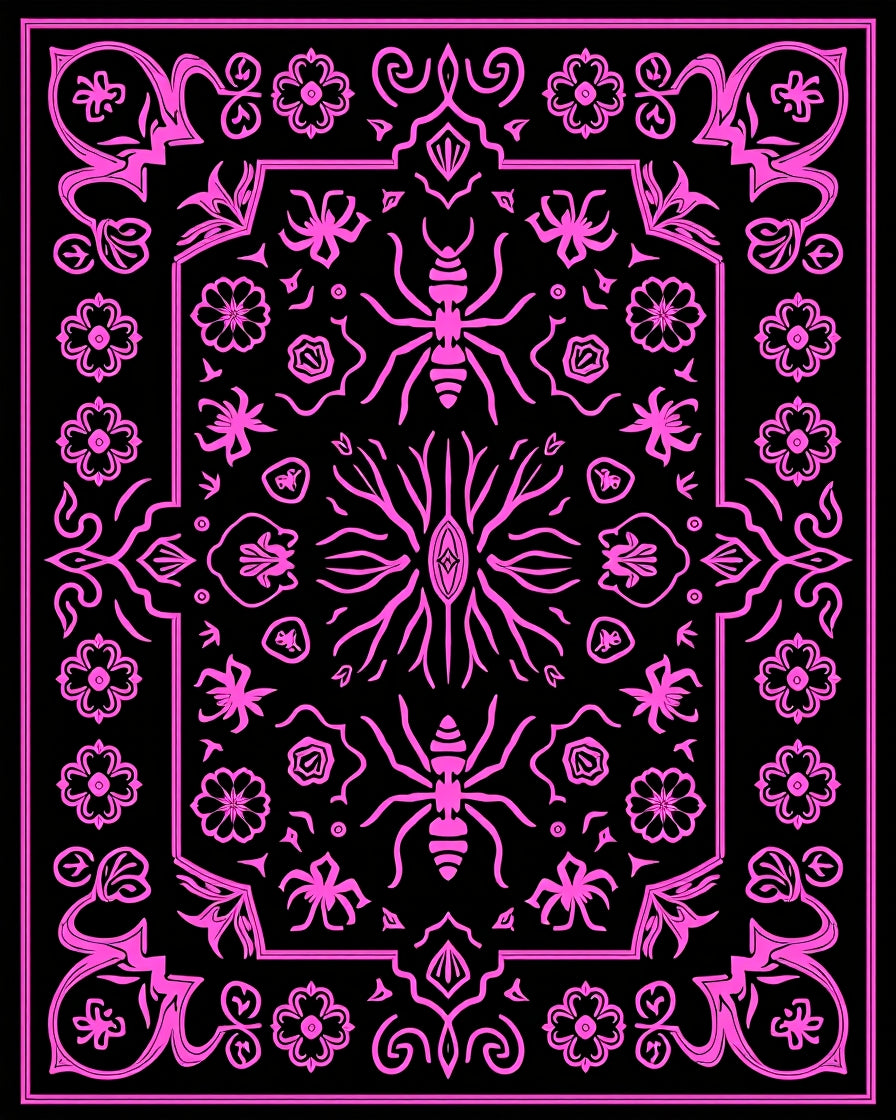 Hot Pink Insect Floral Frame Rug