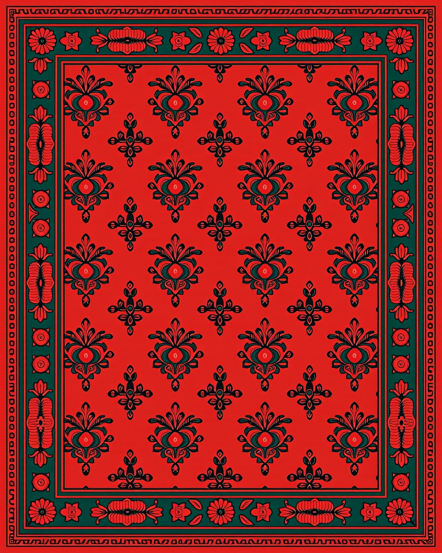 Vibrant Red Floral Damask Design Rug